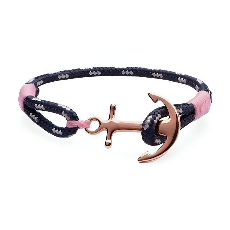 Bracelet ancre bleu marine et rose en coton avec ancre en acier inoxydable rose doré.