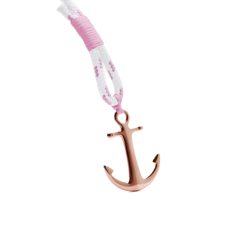 Bracelet ancre en acier rose et corde blanche et rose tressée, style marin délicat pour femme.
