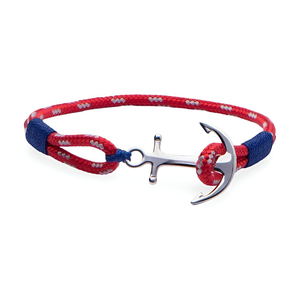 Bracelet ancre en acier inoxydable avec cordon rouge et bleu tressé, fermeture boucle nautique.
