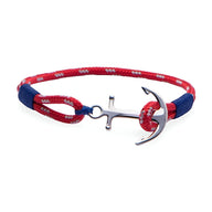 Bracelet ancre en acier inoxydable avec cordon rouge et bleu tressé, fermeture boucle nautique.