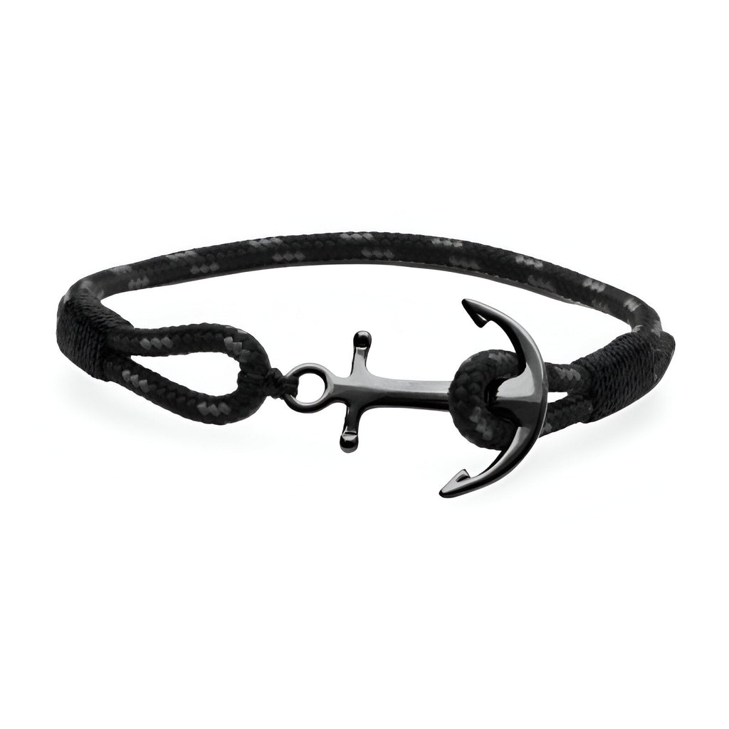 Bracelet ancre noir en coton avec ancre en acier inoxydable, modèle Cédric, pour homme.