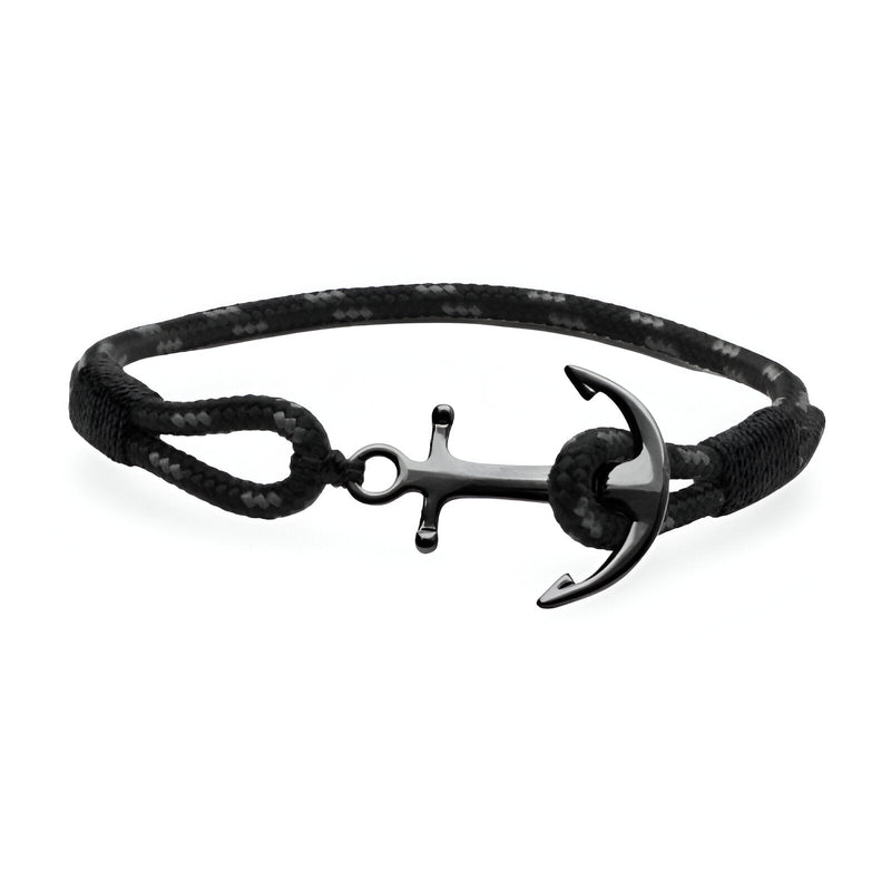 Bracelet ancre noir en coton avec ancre en acier inoxydable, modèle Cédric, pour homme.
