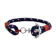 Bracelet ancre homme en coton bleu marine à motifs rouges avec fermoir ancre en acier inoxydable argenté.