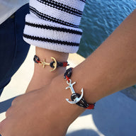 Bracelet ancre homme coton noir et rouge avec ancre acier inoxydable argentée, style marin.