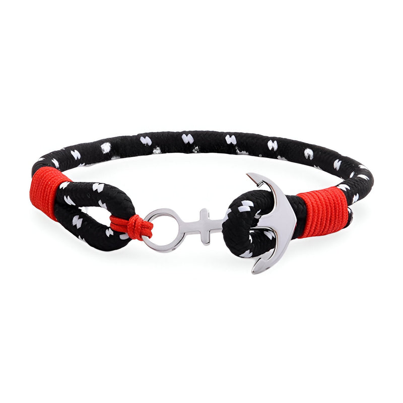 Bracelet ancre homme en coton noir et rouge avec ancre en acier inoxydable argenté.