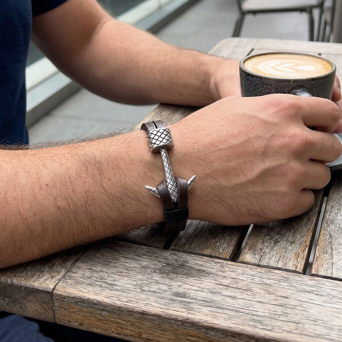 Men’s Anchor Bracelet in Leather and Stainless Steel, Nautical Marine-Style Bracelet with Silver Anchor and Decorative Cord, Torin Model