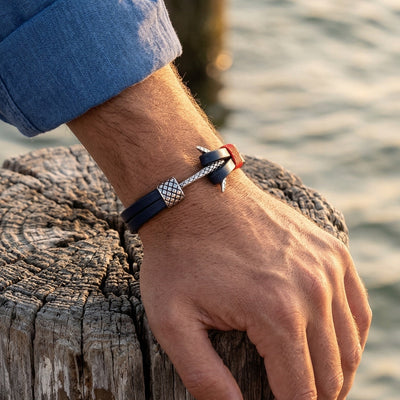 Men’s Anchor Bracelet in Leather and Stainless Steel, Nautical Marine-Style Bracelet with Silver Anchor and Decorative Cord, Torin Model