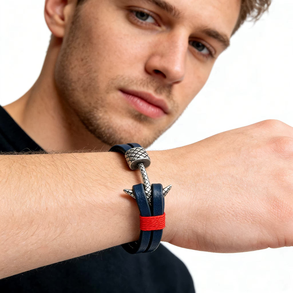 Bracelet ancre homme en cuir et acier inoxydable, bracelet nautique style marin avec ancre argentée et cordon décoratif, modèle Torin