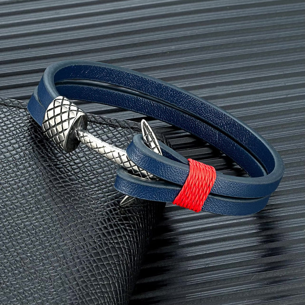Bracelet ancre homme en cuir et acier inoxydable, bracelet nautique style marin avec ancre argentée et cordon décoratif, modèle Torin