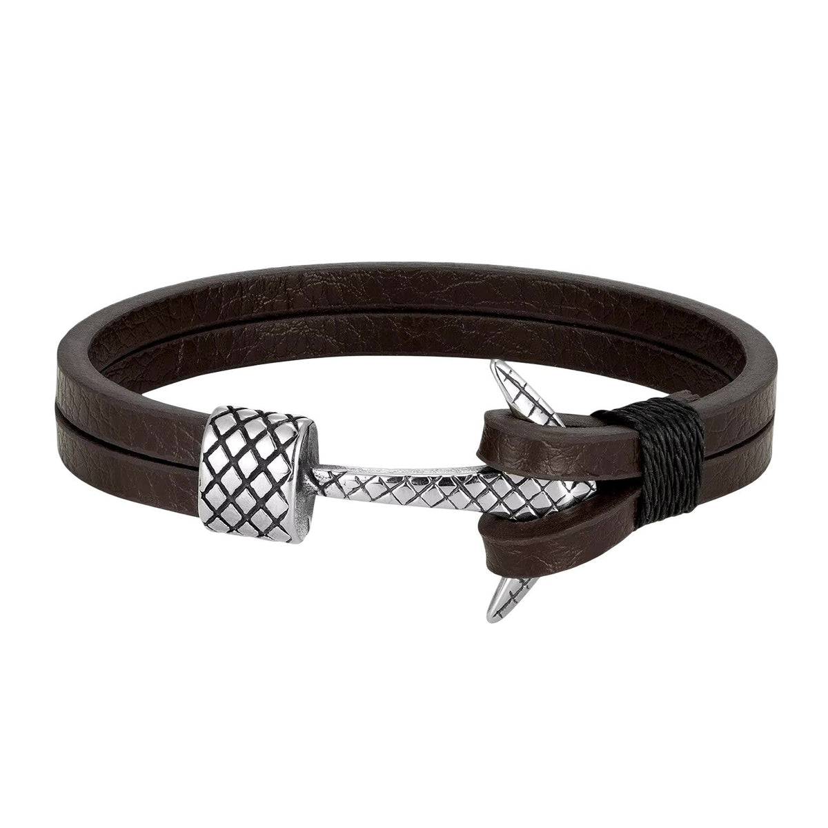 Men’s Anchor Bracelet in Leather and Stainless Steel, Nautical Marine-Style Bracelet with Silver Anchor and Decorative Cord, Torin Model