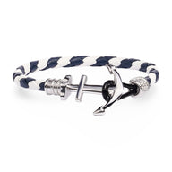 Bracelet ancre en cuir tressé blanc et bleu avec fermoir ancre en acier inoxydable pour homme.