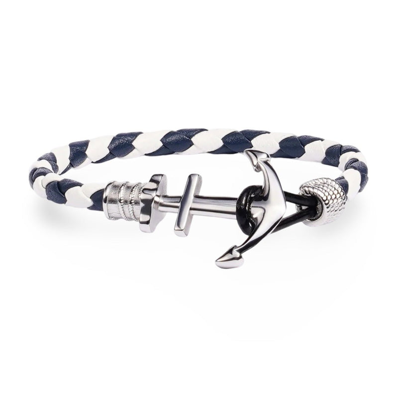 Bracelet ancre en cuir tressé blanc et bleu avec fermoir ancre en acier inoxydable pour homme.