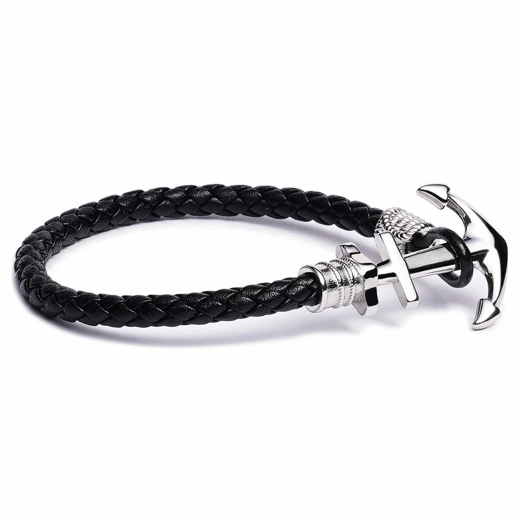 Bracelet ancre homme cuir noir tressé avec fermoir ancre en acier inoxydable argenté.