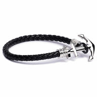 Bracelet ancre homme cuir noir tressé avec fermoir ancre en acier inoxydable argenté.