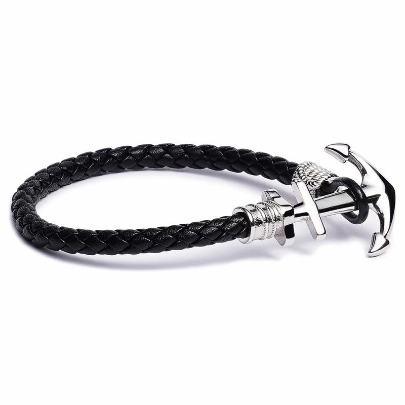 Bracelet ancre homme cuir noir tressé avec fermoir ancre en acier inoxydable argenté.