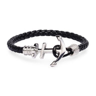 Bracelet homme en cuir noir tressé avec ancre en acier inoxydable argenté, modèle Dani.