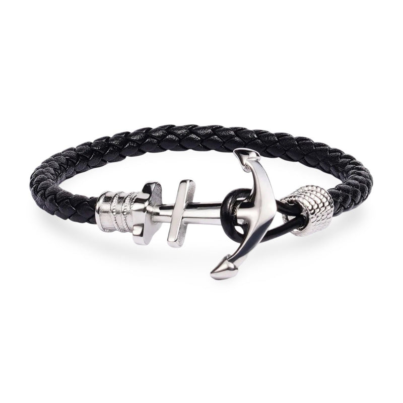 Bracelet homme en cuir noir tressé avec ancre en acier inoxydable argenté, modèle Dani.