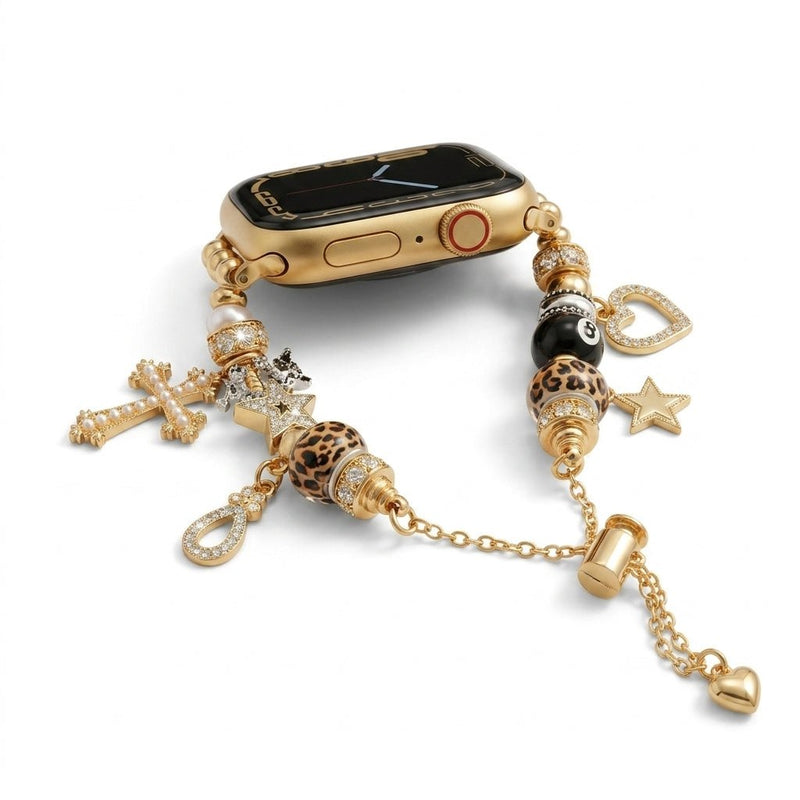 Brazalete para Apple Watch con charms dorados, cruz adornada con perlas, estrellas brillantes, cuentas de leopardo, bola de billar, cierre deslizante regulable, modelo Junia