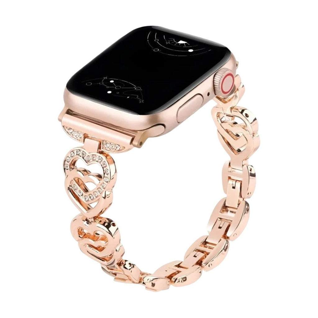 Apple Watch Armband aus Metall mit verschlungenen Herzgliedern, funkelnden Strasssteinen, verstellbarer Größe, Modell Pyrone