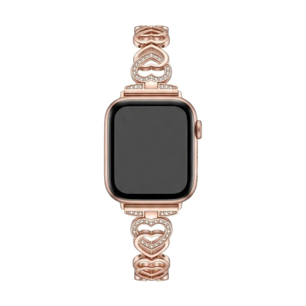 Apple Watch Armband aus Metall mit verschlungenen Herzgliedern, funkelnden Strasssteinen, verstellbarer Größe, Modell Pyrone