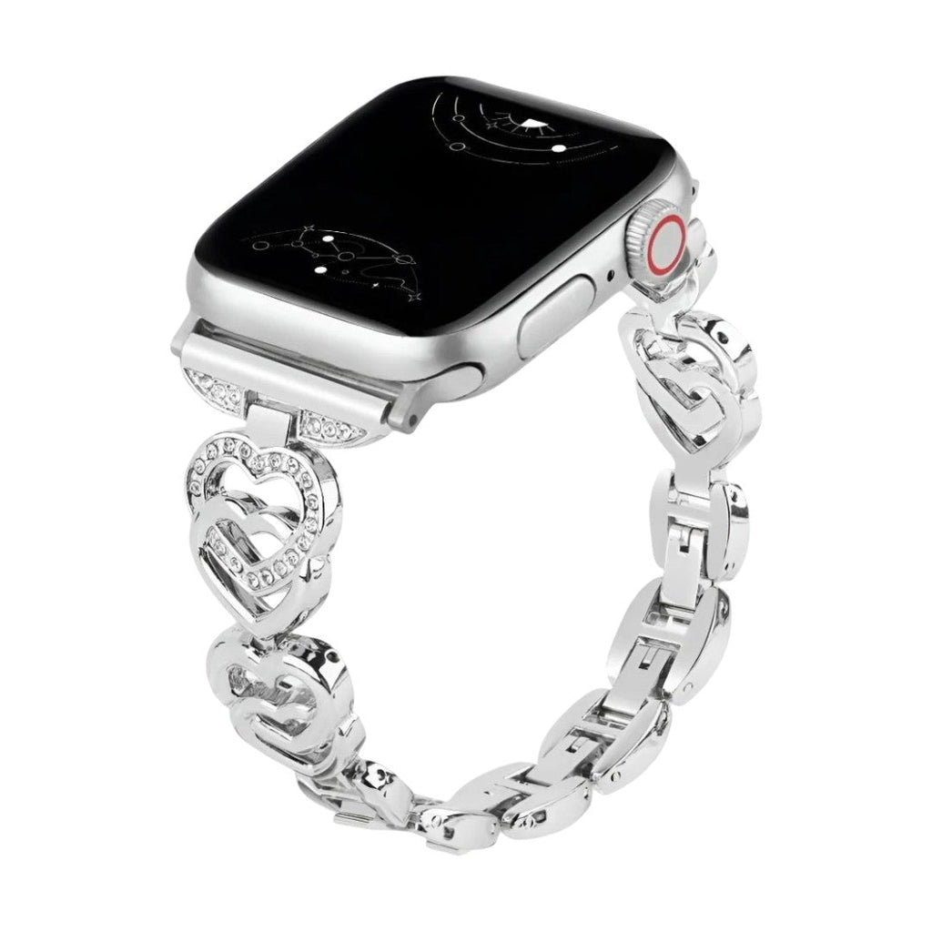 Apple Watch Armband aus Metall mit verschlungenen Herzgliedern, funkelnden Strasssteinen, verstellbarer Größe, Modell Pyrone