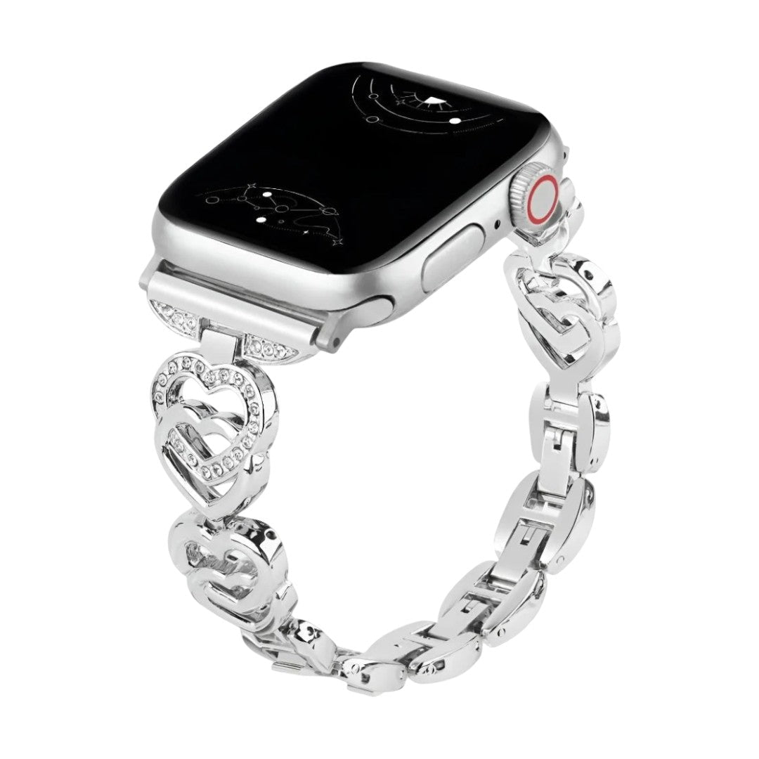 Apple Watch Armband aus Metall mit verschlungenen Herzgliedern, funkelnden Strasssteinen, verstellbarer Größe, Modell Pyrone