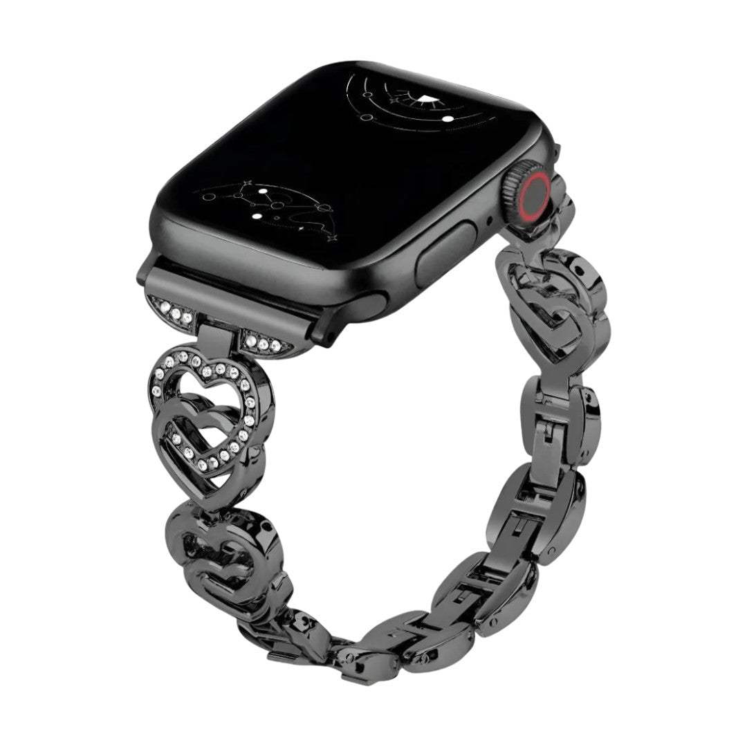Apple Watch Armband aus Metall mit verschlungenen Herzgliedern, funkelnden Strasssteinen, verstellbarer Größe, Modell Pyrone