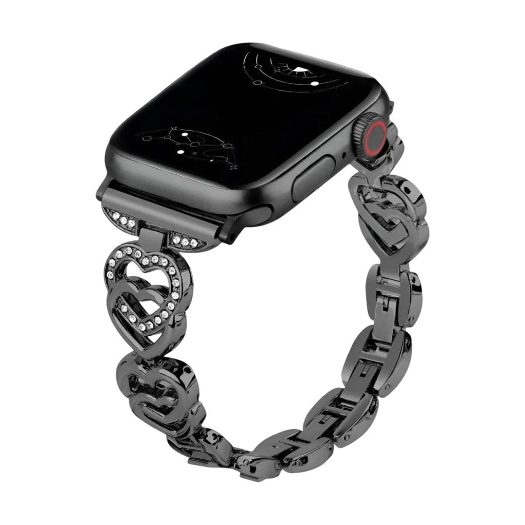 Apple Watch Armband aus Metall mit verschlungenen Herzgliedern, funkelnden Strasssteinen, verstellbarer Größe, Modell Pyrone