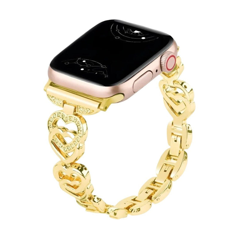 Apple Watch Armband aus Metall mit verschlungenen Herzgliedern, funkelnden Strasssteinen, verstellbarer Größe, Modell Pyrone
