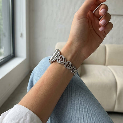 Bracciale per Apple Watch a maglie con cuori intrecciati in metallo, strass brillanti, misura regolabile, modello Pyrone