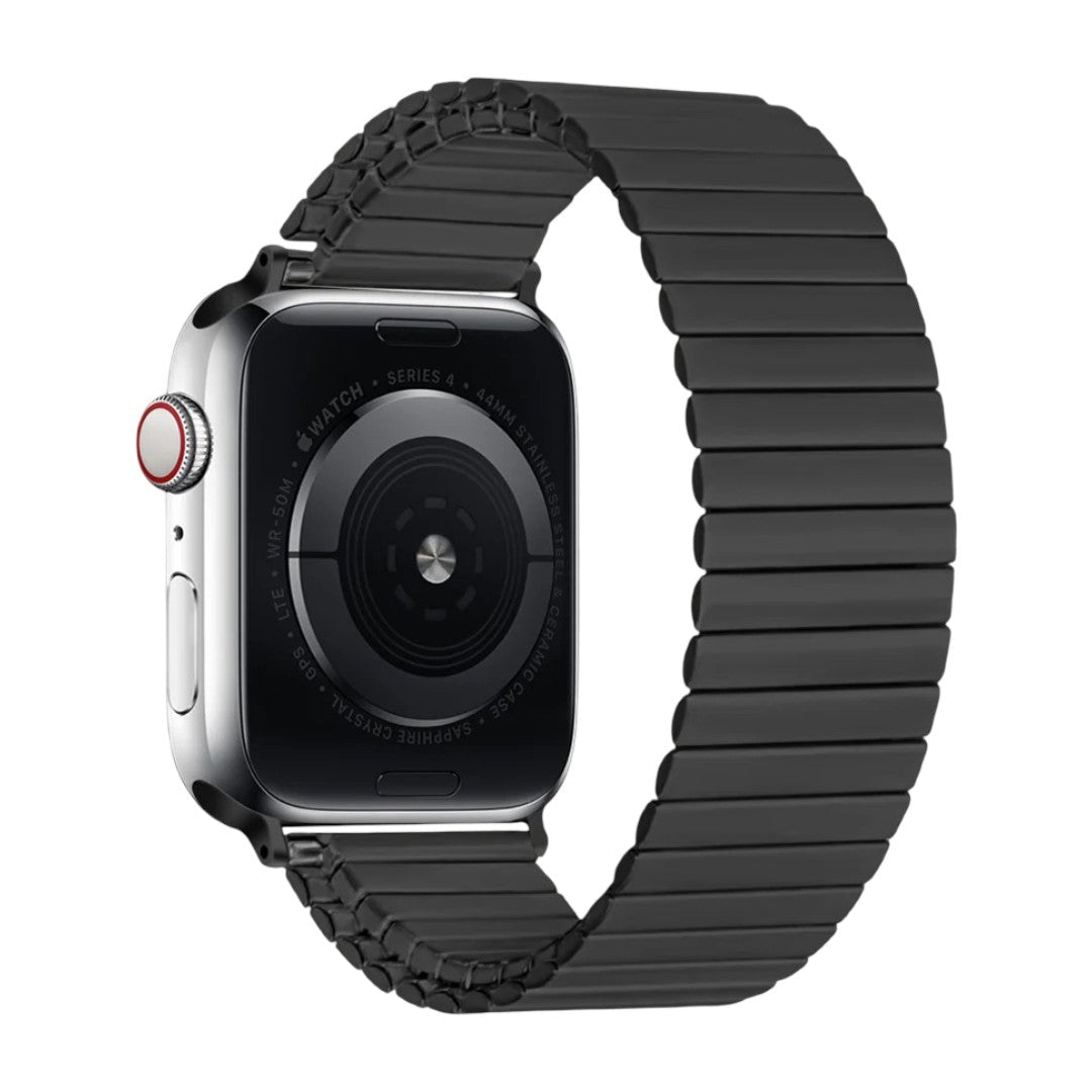 Bracelet Apple Watch à maillons élastiques noirs en acier inoxydable, design extensible sans fermoir.
