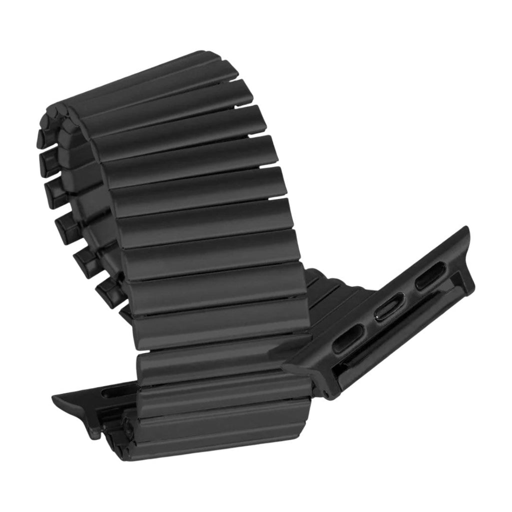 Bracelet Apple Watch à maillons élastiques noirs en acier inoxydable, design extensible sans fermoir.