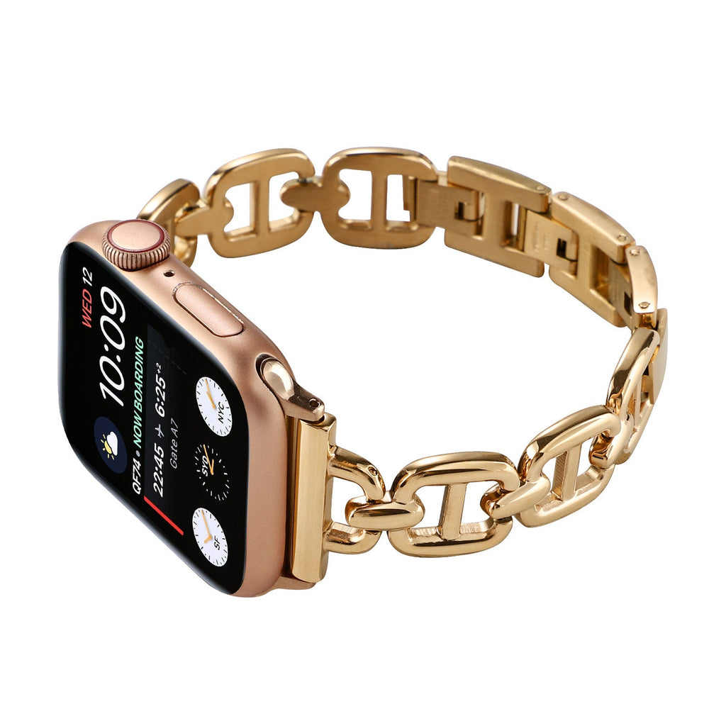 Bracelet Apple Watch à maillons en acier inoxydable, longueur réglable sans outil, allure chic et lumineuse, modèle Zurika