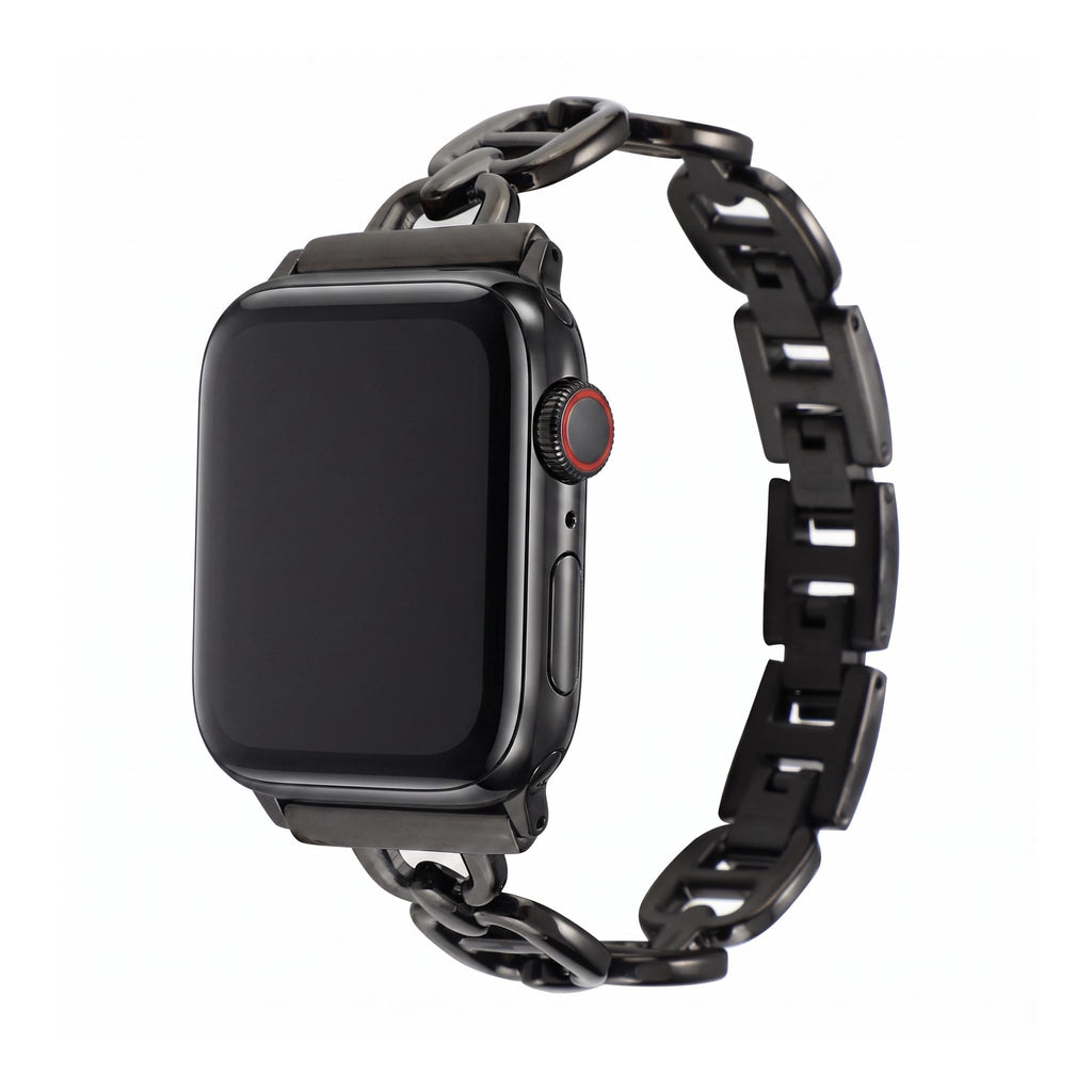 Bracelet Apple Watch à maillons en acier inoxydable, longueur réglable sans outil, allure chic et lumineuse, modèle Zurika