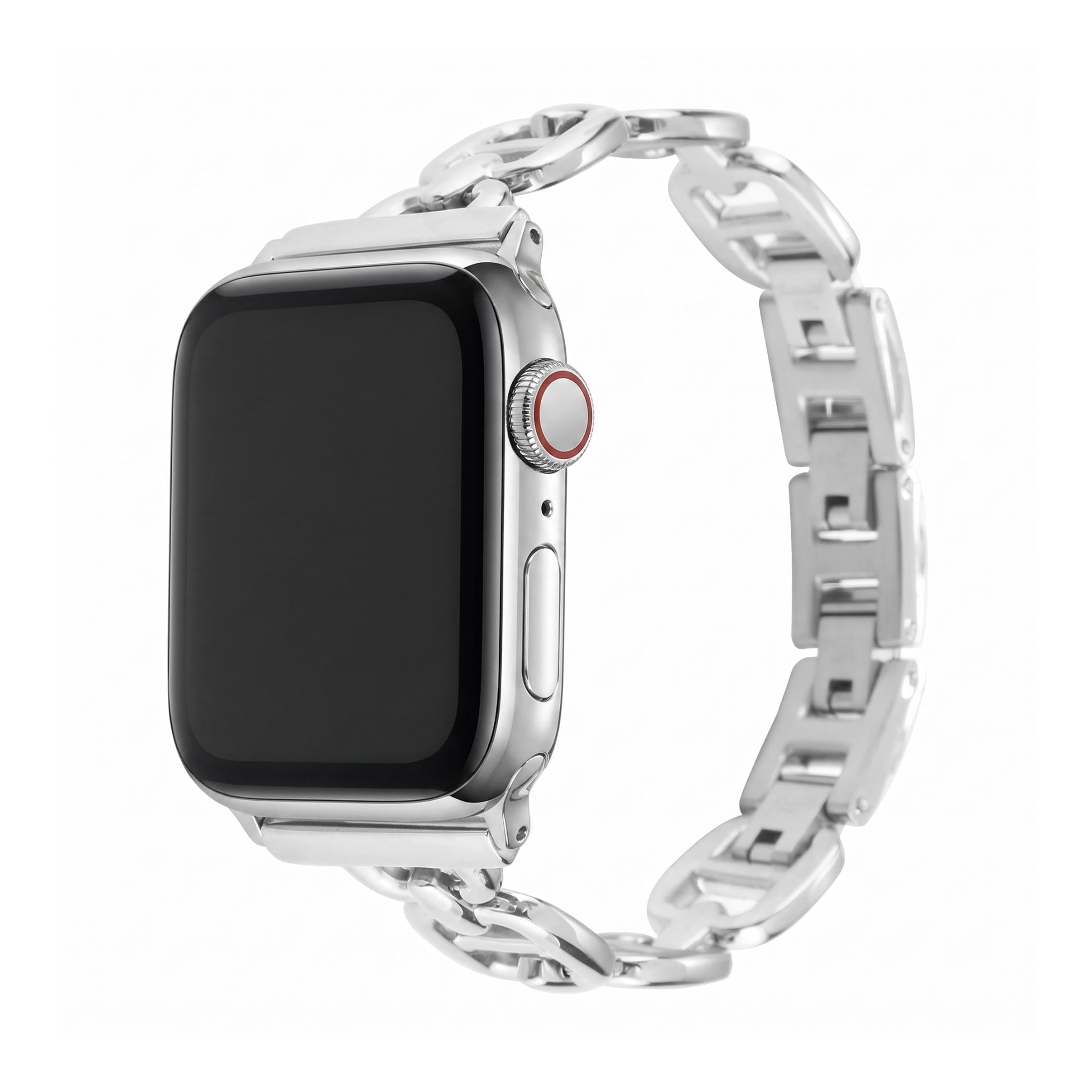 Bracelet Apple Watch à maillons en acier inoxydable, longueur réglable sans outil, allure chic et lumineuse, modèle Zurika