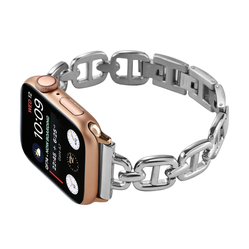 Bracelet Apple Watch à maillons en acier inoxydable, longueur réglable sans outil, allure chic et lumineuse, modèle Zurika
