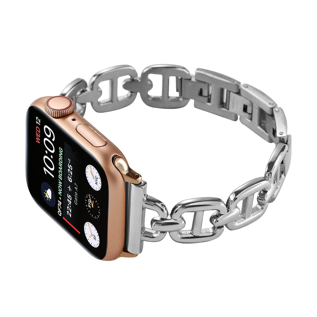 Bracelet Apple Watch à maillons en acier inoxydable, longueur réglable sans outil, allure chic et lumineuse, modèle Zurika