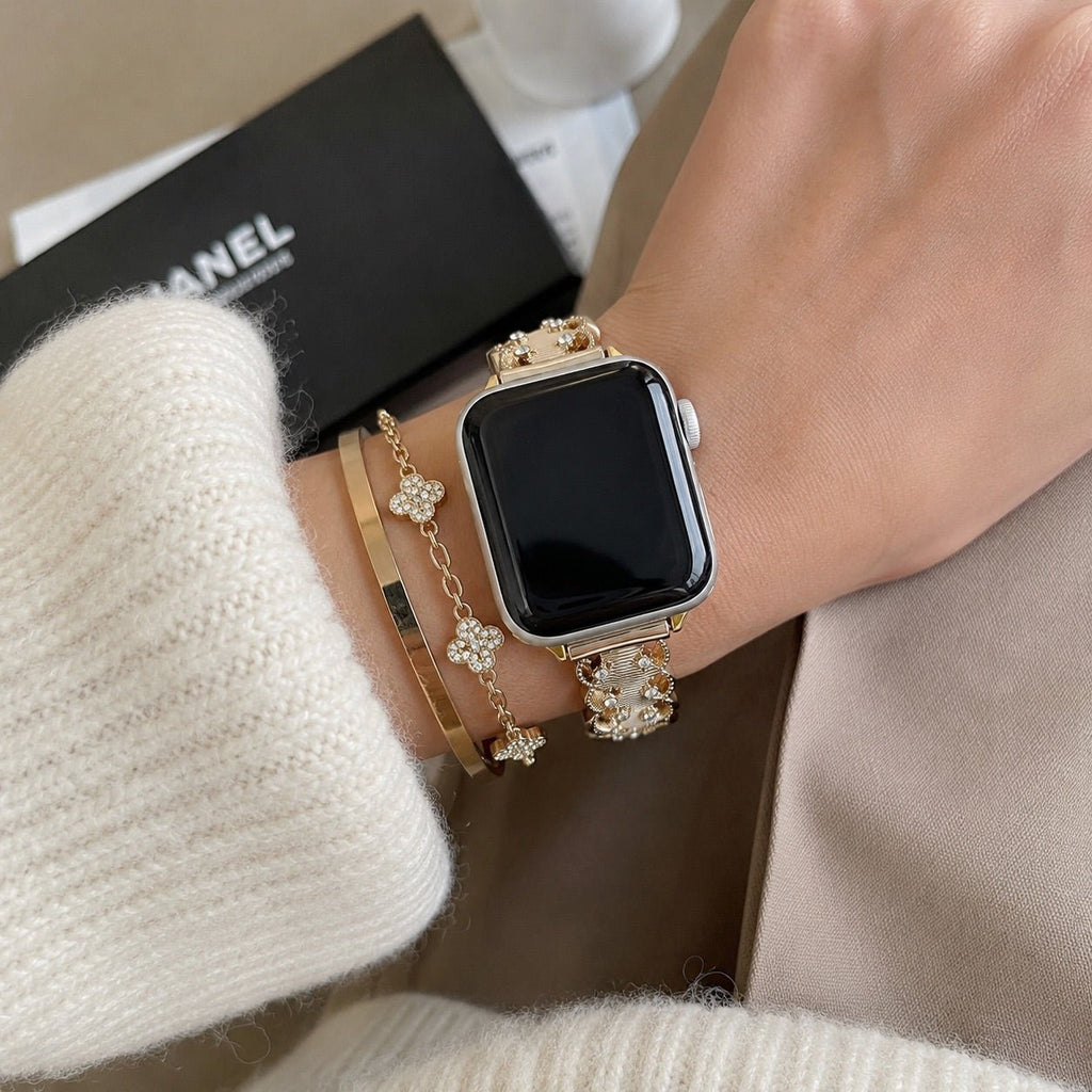 Bracelet Apple Watch à maillons sertis, ajustement facile par clips, accessoire parfait pour briller au quotidien, modèle Kintie