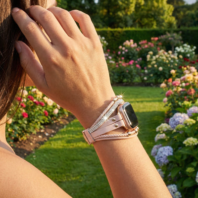 Apple Watch Armband Melona für Damen, mehrreihig mit Strass und Flechtmuster