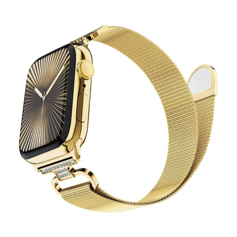 Bracelet Apple Watch acier inoxydable maille milanaise magnétique, compatible Apple Watch 38 à 49 mm, finition élégante avec détails zircon, modèle Élancia