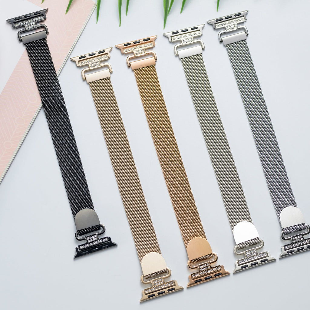 Bracelet Apple Watch acier inoxydable maille milanaise magnétique, compatible Apple Watch 38 à 49 mm, finition élégante avec détails zircon, modèle Élancia
