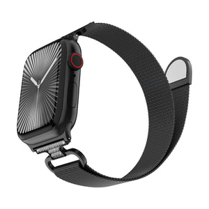 Bracelet Apple Watch acier inoxydable maille milanaise magnétique, compatible Apple Watch 38 à 49 mm, finition élégante avec détails zircon, modèle Élancia