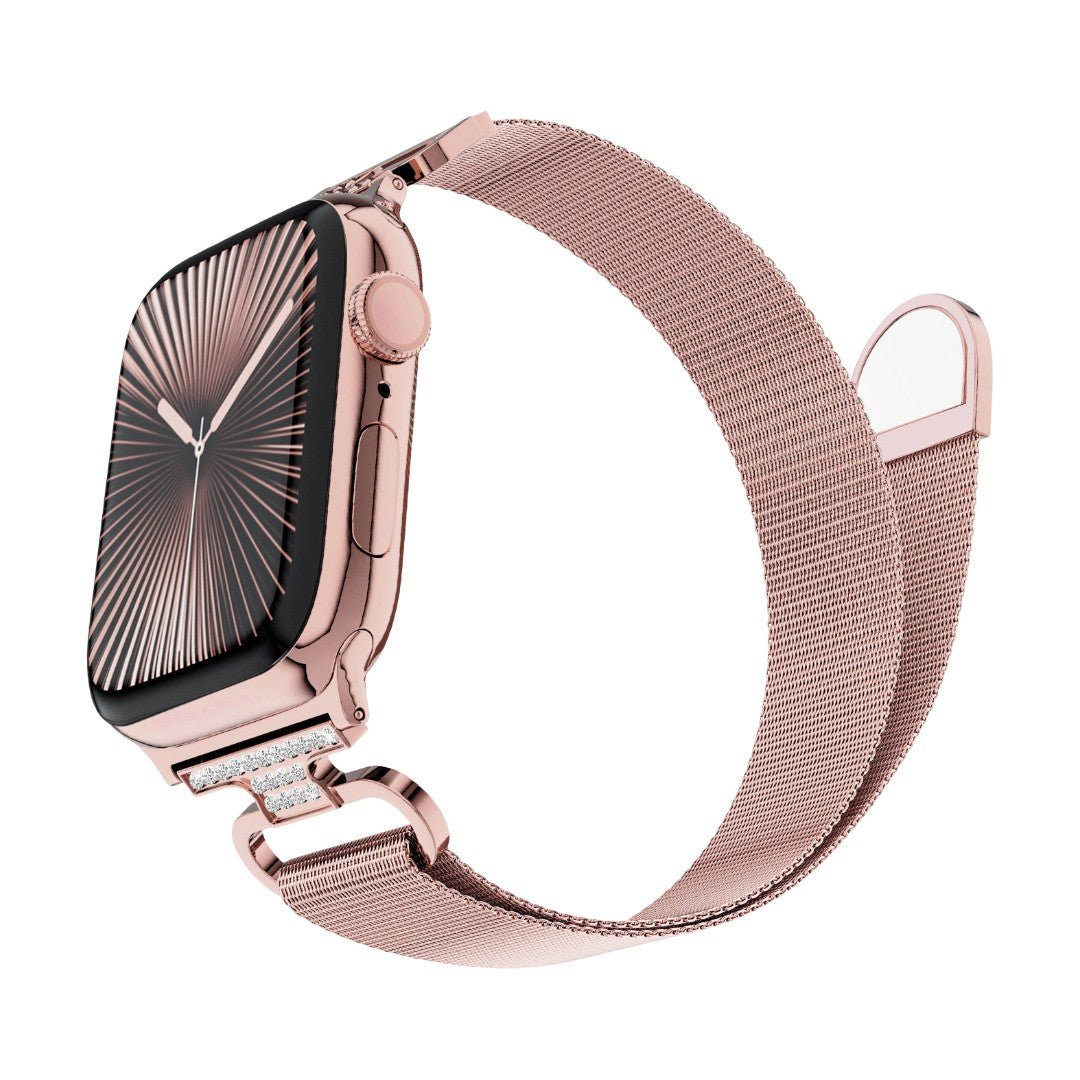 Bracelet Apple Watch acier inoxydable maille milanaise magnétique, compatible Apple Watch 38 à 49 mm, finition élégante avec détails zircon, modèle Élancia