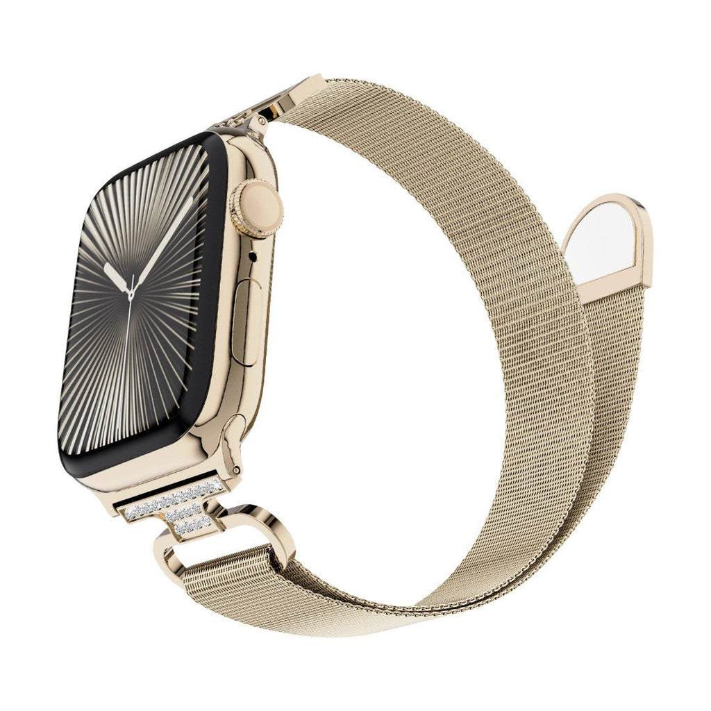 Bracelet Apple Watch acier inoxydable maille milanaise magnétique, compatible Apple Watch 38 à 49 mm, finition élégante avec détails zircon, modèle Élancia