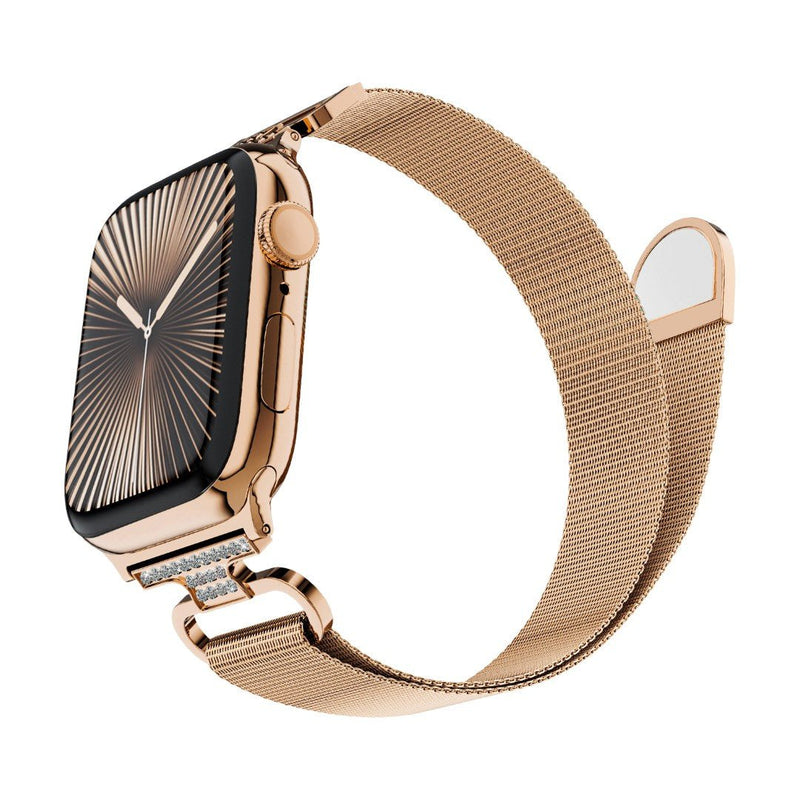 Bracelet Apple Watch acier inoxydable maille milanaise magnétique, compatible Apple Watch 38 à 49 mm, finition élégante avec détails zircon, modèle Élancia