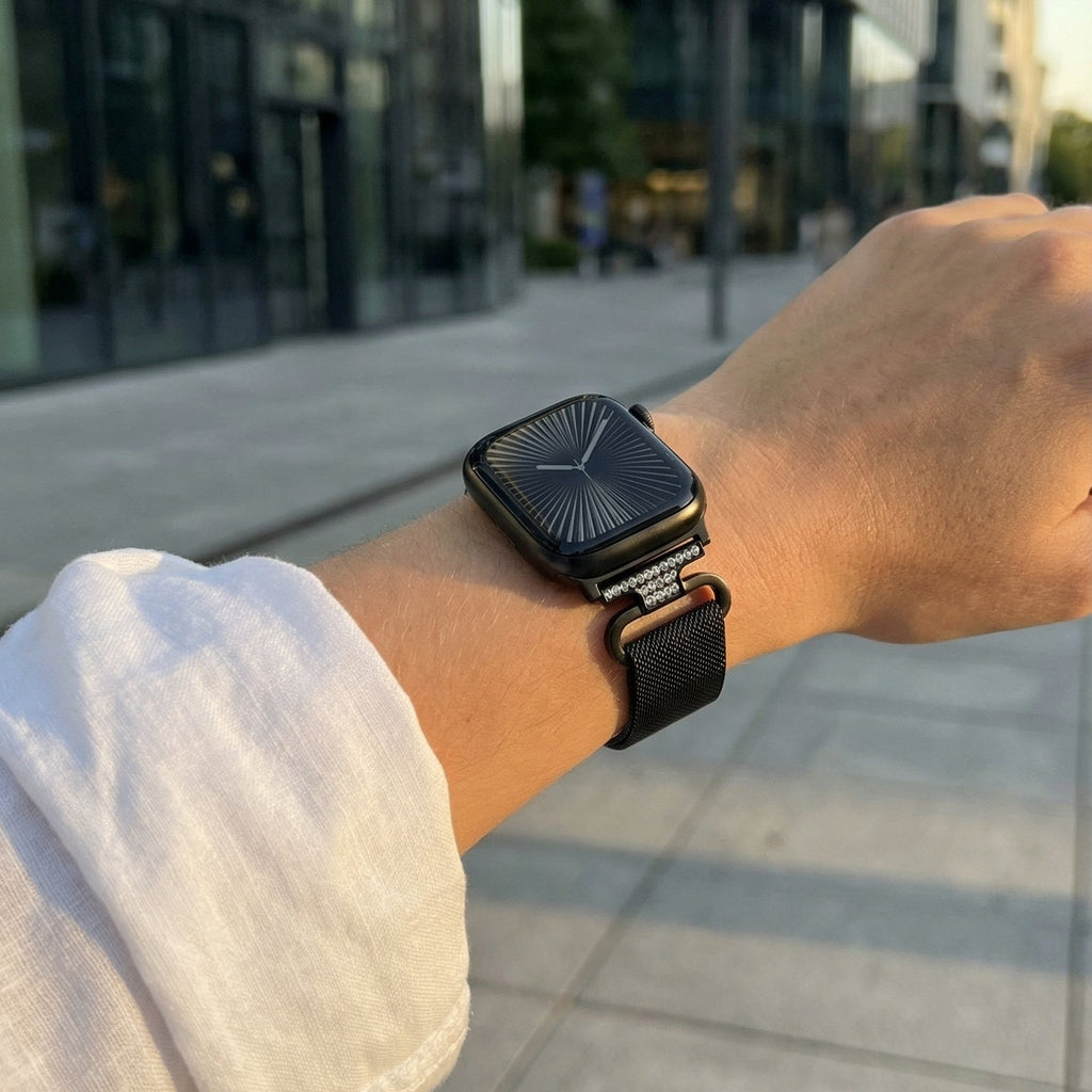 Bracelet Apple Watch acier inoxydable maille milanaise magnétique, compatible Apple Watch 38 à 49 mm, finition élégante avec détails zircon, modèle Élancia