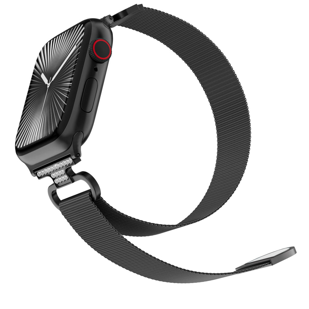 Bracelet Apple Watch acier inoxydable maille milanaise magnétique, compatible Apple Watch 38 à 49 mm, finition élégante avec détails zircon, modèle Élancia