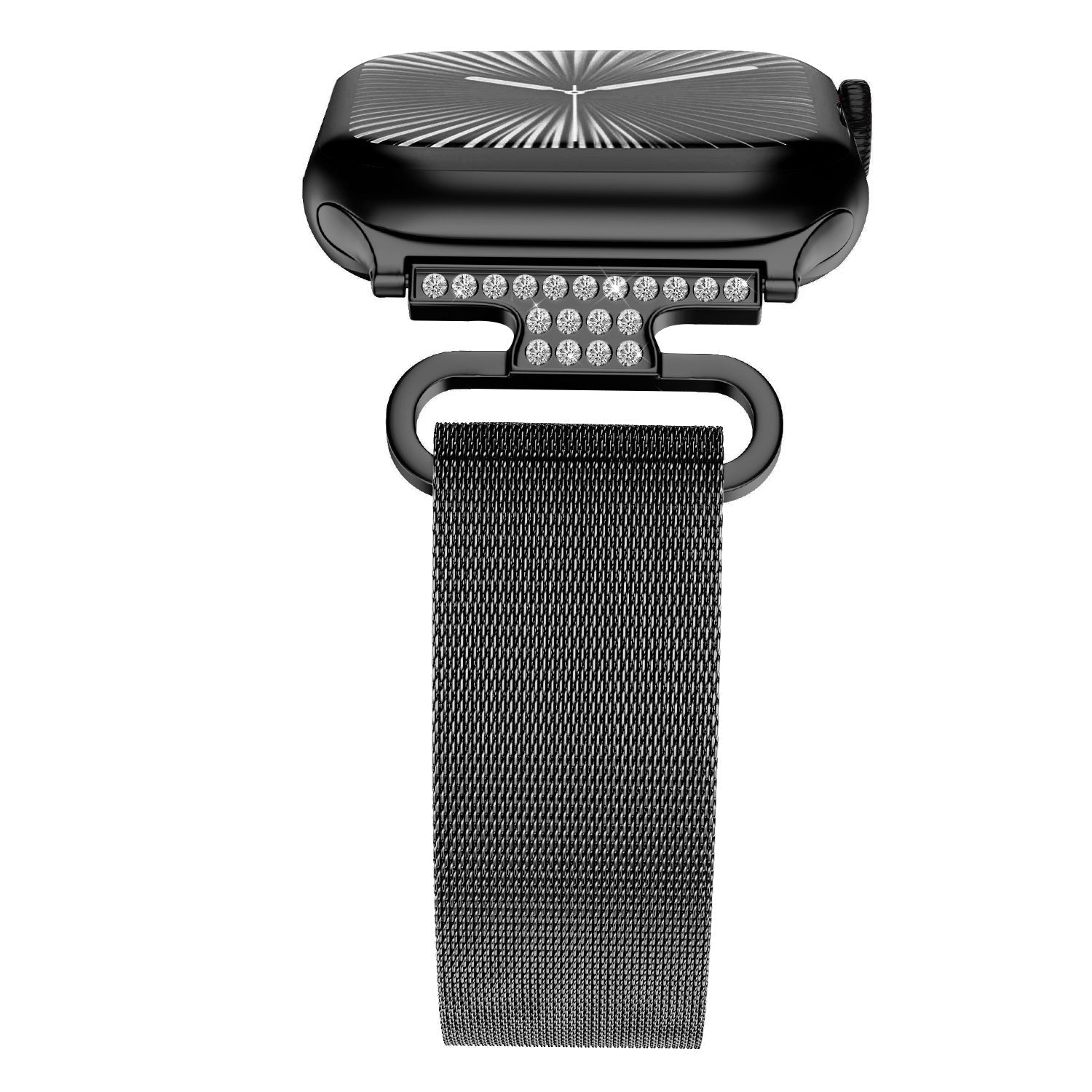 Bracelet Apple Watch acier inoxydable maille milanaise magnétique, compatible Apple Watch 38 à 49 mm, finition élégante avec détails zircon, modèle Élancia