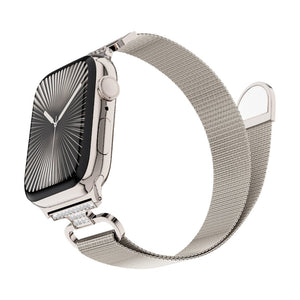 Bracelet Apple Watch acier inoxydable maille milanaise magnétique, compatible Apple Watch 38 à 49 mm, finition élégante avec détails zircon, modèle Élancia