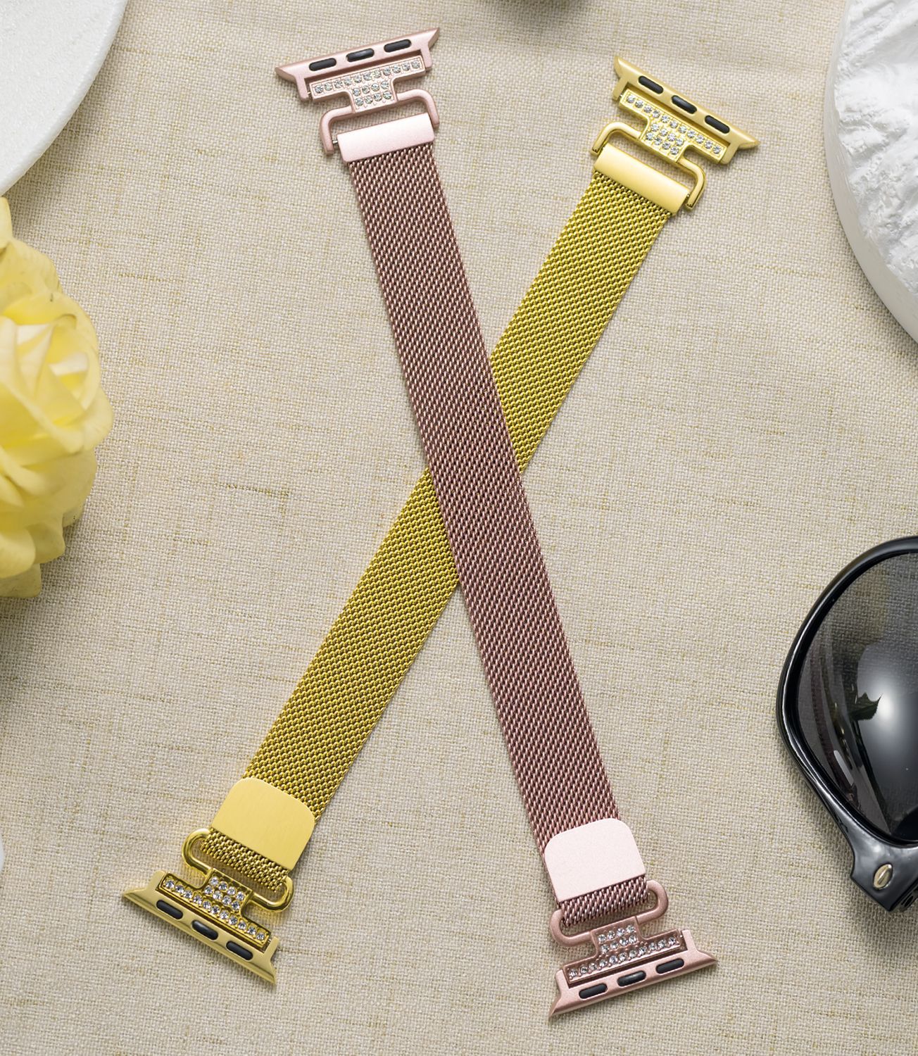 Bracelet Apple Watch acier inoxydable maille milanaise magnétique, compatible Apple Watch 38 à 49 mm, finition élégante avec détails zircon, modèle Élancia